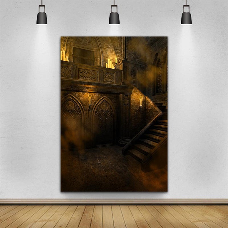 AOFOTO 6x8ft Gloomy Gothic Style Stairway Backdrop for Photography Halloween Carnival Scary Castle Night Vintage Room Stone Wall Scene Stairs Candle Background Boy Kids Portrait Photo Studio Props - Image 3